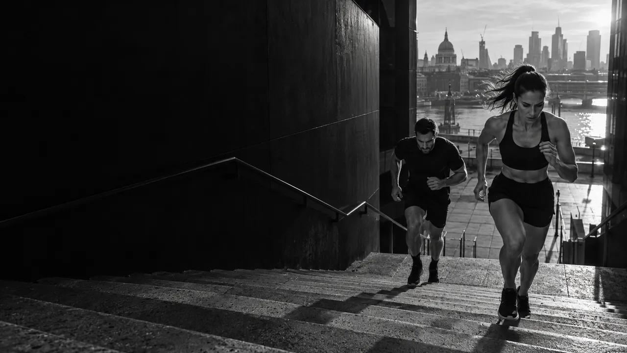 A woman and a man running up city steps